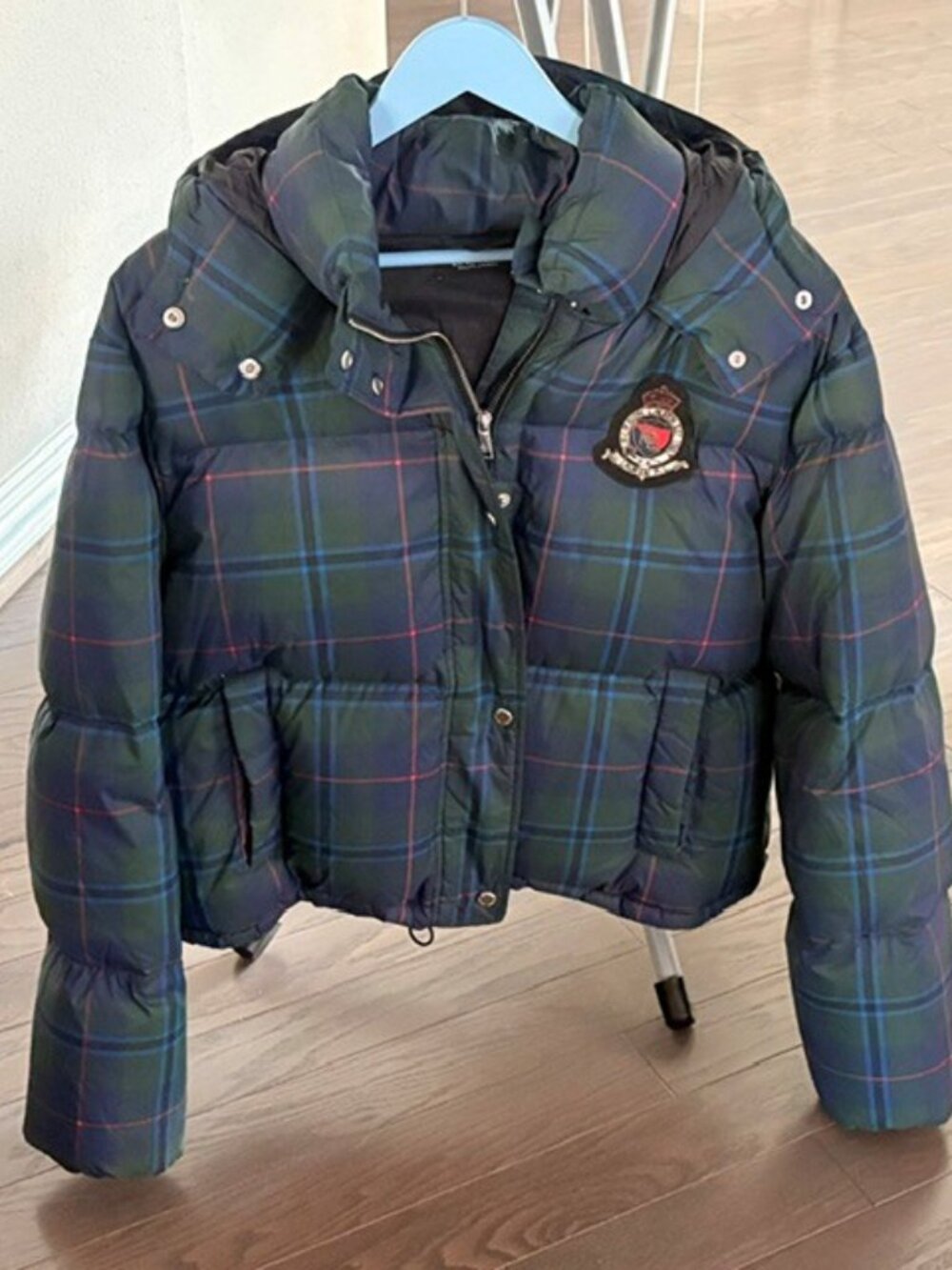 Lauren Ralph Lauren Plaid Beaded Crest Down Puffer Jacket Hooded